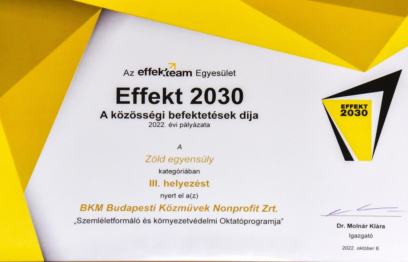 Rangos szakmai elismeréssel gazdagodott a Budapesti Közművek Szemléletformáló és Környezetvédelmi Oktatóprogramja